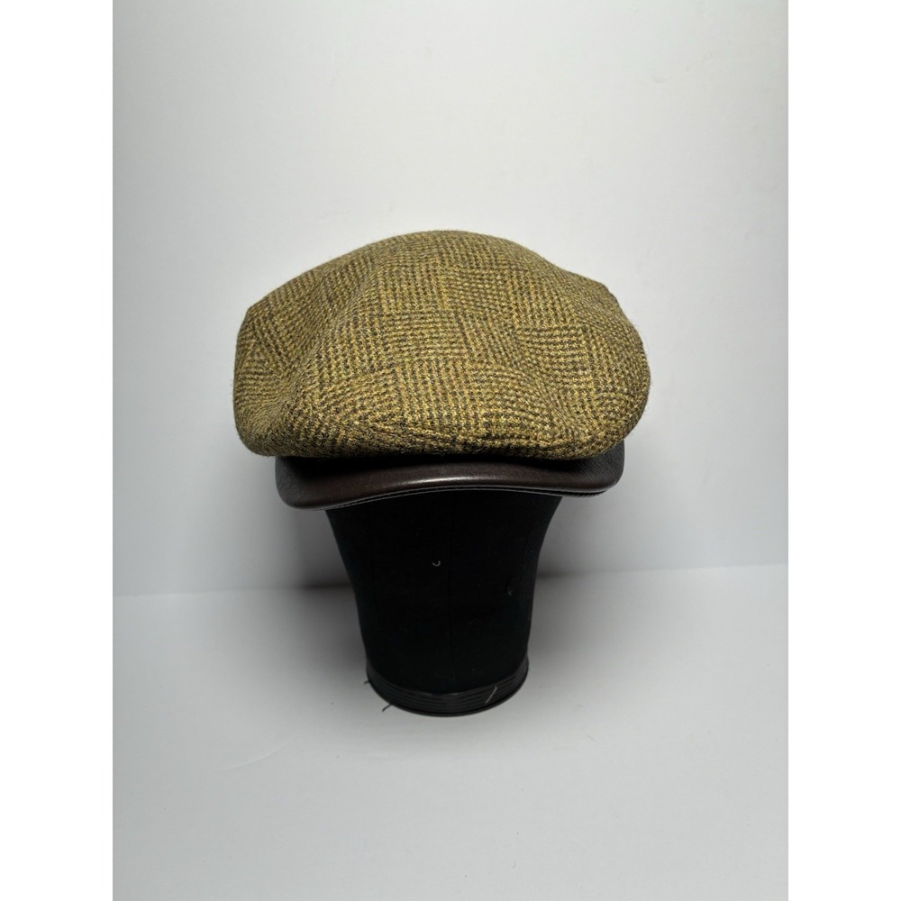 VTG Orvis 100% Wool Tweed Flat Cap S/M Leather Bill Driving Cabbie Hat USA
